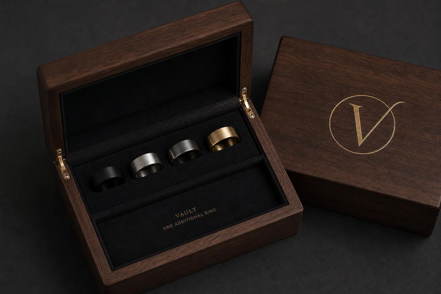 VOW365 walnut presentation box containing four rings and The Vault compartment